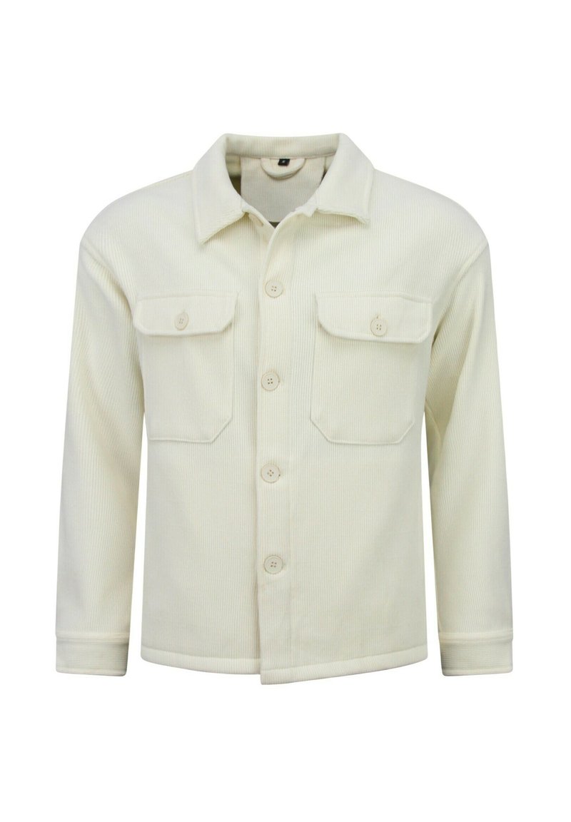 Lichtbeige overhemdjack van ribstof, met twee borstzakken, een kraag en lange mouwen.