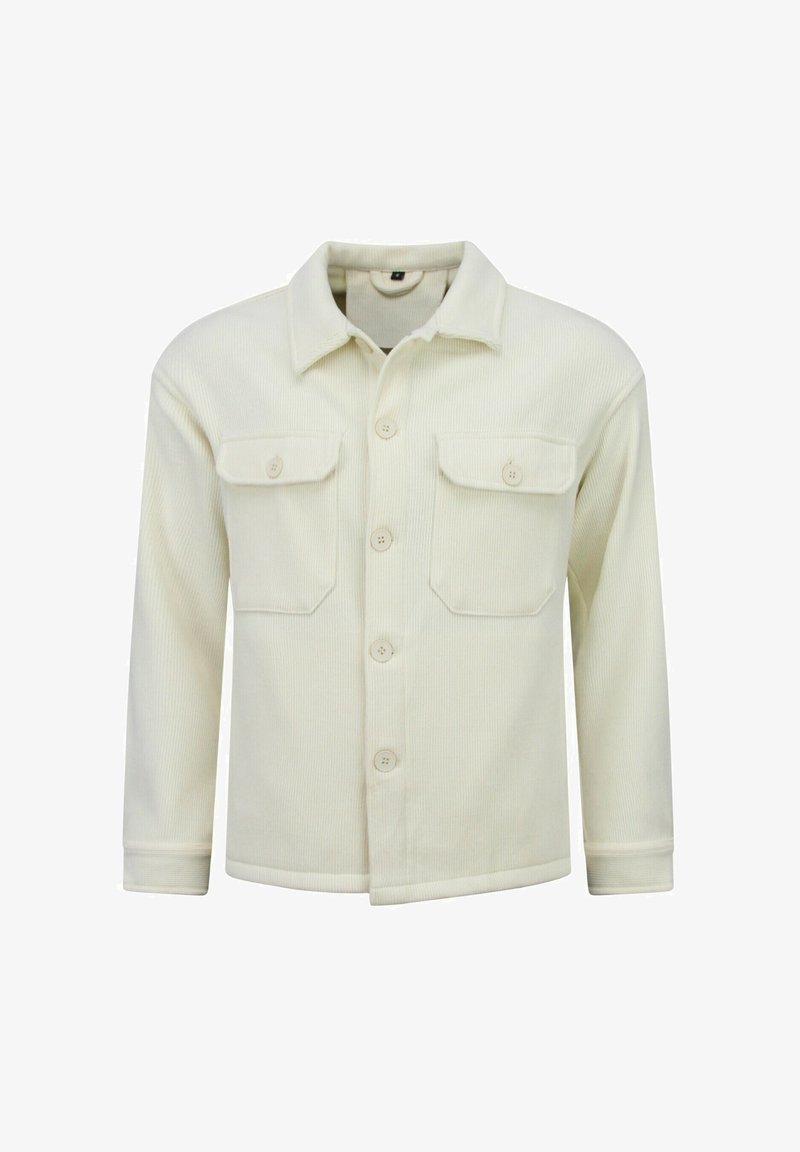Lichtbeige overhemdjack van ribstof, met twee borstzakken, een kraag en lange mouwen.