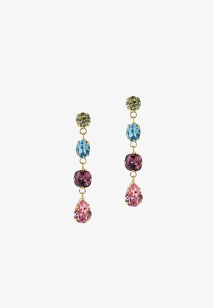 Gold-tone dangle earrings featuring five multi-colored crystals in blue, green, pink, and purple in oval and teardrop shapes.
