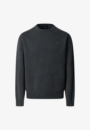 Czarnoszary sweter z dzianiny z okrągłym dekoltem, długimi rękawami i prążkowanym wykończeniem. Posiada małe logo na piersi. Miękka tekstura.