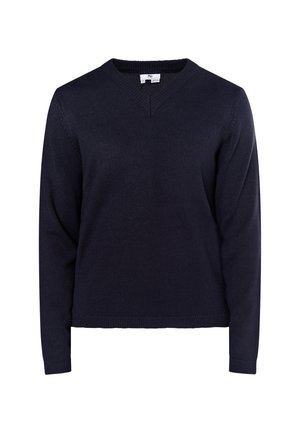 Sötétkék V nyakú pulóver kötött anyagból, hosszú ujjakkal és bordázott mandzsettákkal, valamint aljjal. Nincsenek látható minták vagy további díszítések.