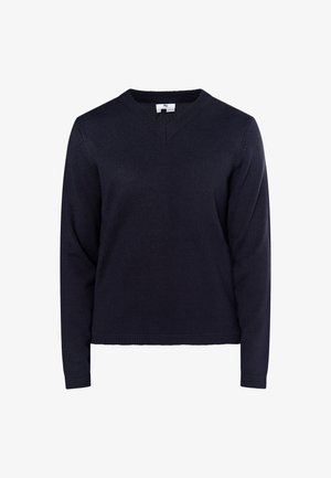 Granatowy sweter w serek z dzianiny, z długimi rękawami oraz ribbowanym wykończeniem rękawów i dolnej części. Brak widocznych wzorów lub dodatkowych akcentów.