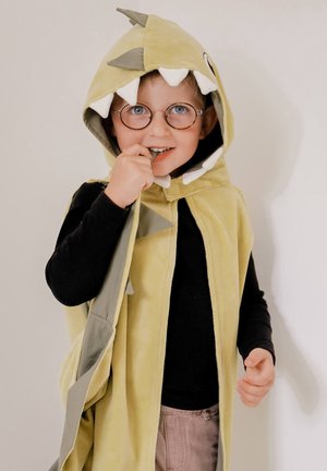 Zelený plášť s motivem dinosaura s kapucí zdobenou zuby a ploutví. Měkká látka, dlouhé rukávy a přední zapínání.