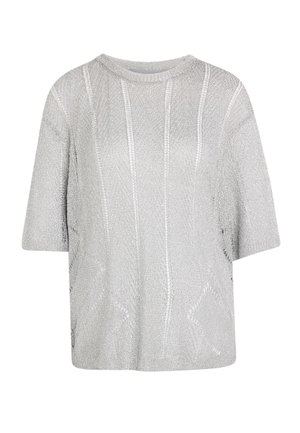 Haut en maille argentée à manches courtes avec des motifs de points verticaux et géométriques texturés, doté d'un col rond.