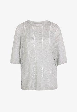 Haut en maille argentée à manches courtes avec des motifs de points verticaux et géométriques texturés, doté d'un col rond.