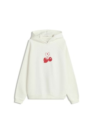 Sweatshirt à capuche blanc avec un graphisme rouge représentant deux cerises reliées par des tiges formant un cœur sur la poitrine.