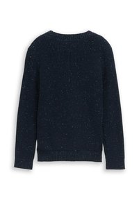 Ciemnoniebieski sweter dziany o prążkowanej strukturze, z okrągłym dekoltem i długimi rękawami, z subtelnymi kropeczkami rozproszonymi po całości.