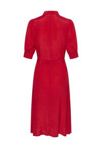 Robe rouge mi-longue avec manches courtes bouffantes, un col et une taille nouée. Texture lisse avec une silhouette simple et élégante.