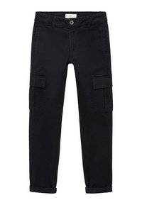Zwarte cargo-broeken met een slim fit, voorzien van twee grote zijzakken, opgerolde broekspijpen en een knoopsluiting, gemaakt van duurzame stof.