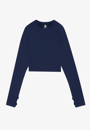 Mornarska dolga majica s kratkimi rokavi, izdelana iz mehkega blaga z okroglim izrezom in luknjicami za prste na manšetah. Preprost, oprijet dizajn.