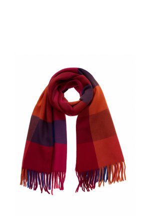 Long wool scarf with wide check patterns in shades of red, orange, and purple, featuring multicolored fringes on both ends.