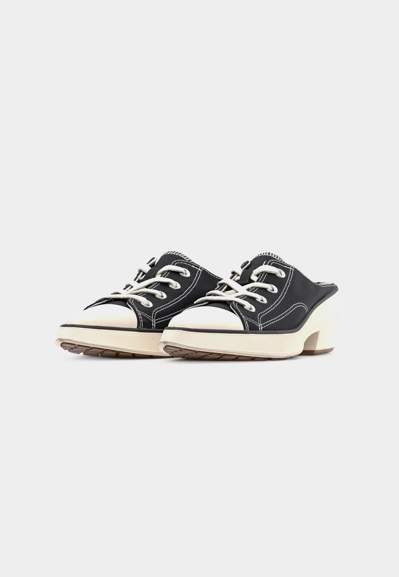 Sneakers mule in tela nera con lacci bianchi, puntali in gomma e suole spesse crema, esposte su uno sfondo bianco uniforme.