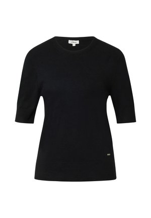 Schwarzer gestrickter Pullover mit kurzen Ärmeln und Rundhalsausschnitt, der ein dezentes Logo-Detail an der unteren Seite und eine glatte Textur aufweist.