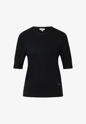 Zwarte gebreide trui met korte mouwen en een ronde halslijn, voorzien van een subtiele logo-accent aan de onderzijde en een gladde textuur.