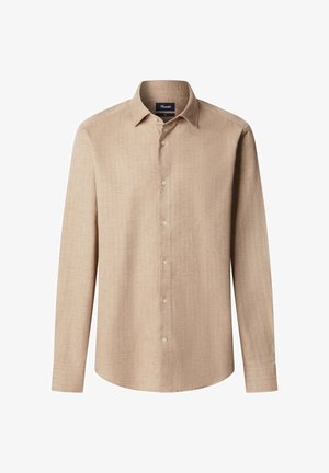 Lange mouwen, lichtbruine blouse met een button-down kraag, knoopsluiting aan de voorkant en een zachte, gestructureerde stof.