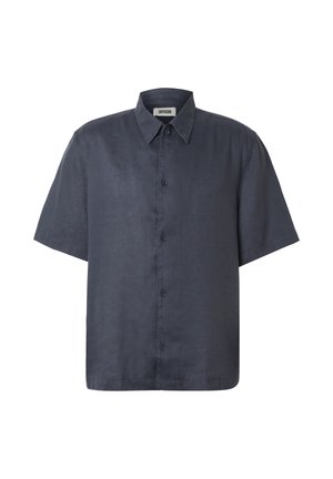Camicia a maniche corte blu scuro con bottoni, colletto classico e orlo dritto.