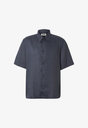 Camicia a maniche corte blu scuro con bottoni, colletto classico e orlo dritto.