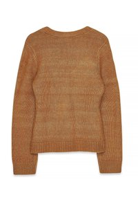 Pletený sveter v teplej ambrové farbe, s kruhovým výstrihom, dlhými rukávmi a rebrovanými manžetami a lemom. Hladká textúra so subtílnym leskom.