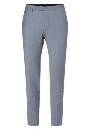 Hellgraue maßgeschneiderte Hose aus gewebtem Stoff, mit glatter Textur, flachem Frontdesign und schmal zulaufendem Bein in einem Design ohne sichtbare Taschen.