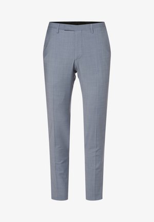 Hellgraue maßgeschneiderte Hose aus gewebtem Stoff, mit glatter Textur, flachem Frontdesign und schmal zulaufendem Bein in einem Design ohne sichtbare Taschen.