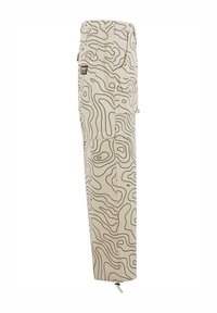 Beige cargo pants featuring a topographic pattern in black. Made of durable fabric with multiple pockets and a drawstring at the hem.