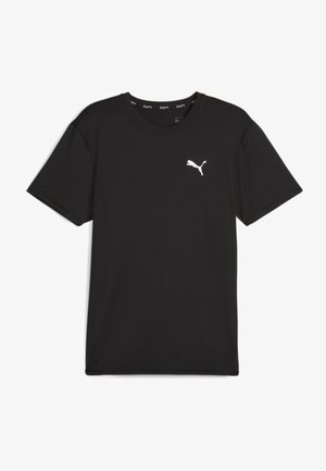 Juodas trumpomis rankovėmis sportinis marškinėliai, pagaminti iš sintetinio audinio, su baltu Puma logotipu viršutiniame kairiajame krūtinės kampe. Lygi tekstūra, su apvalia iškirpte.