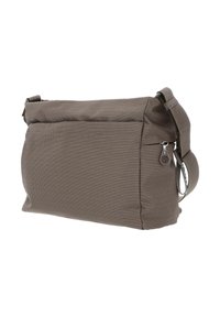 Borsa a tracolla in tessuto marrone con superficie texture, tracolla regolabile, tasca con zip e forma rettangolare.