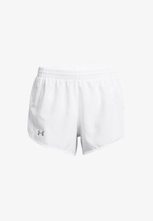 White athletic shorts made of lightweight material with an elastic waistband, side pockets, and a small gray logo on the left side.