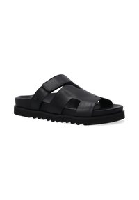 Sorte læder slip-on sandaler med åben tå, to brede stropper over foden og en struktureret gummisål med zigzag mønster.