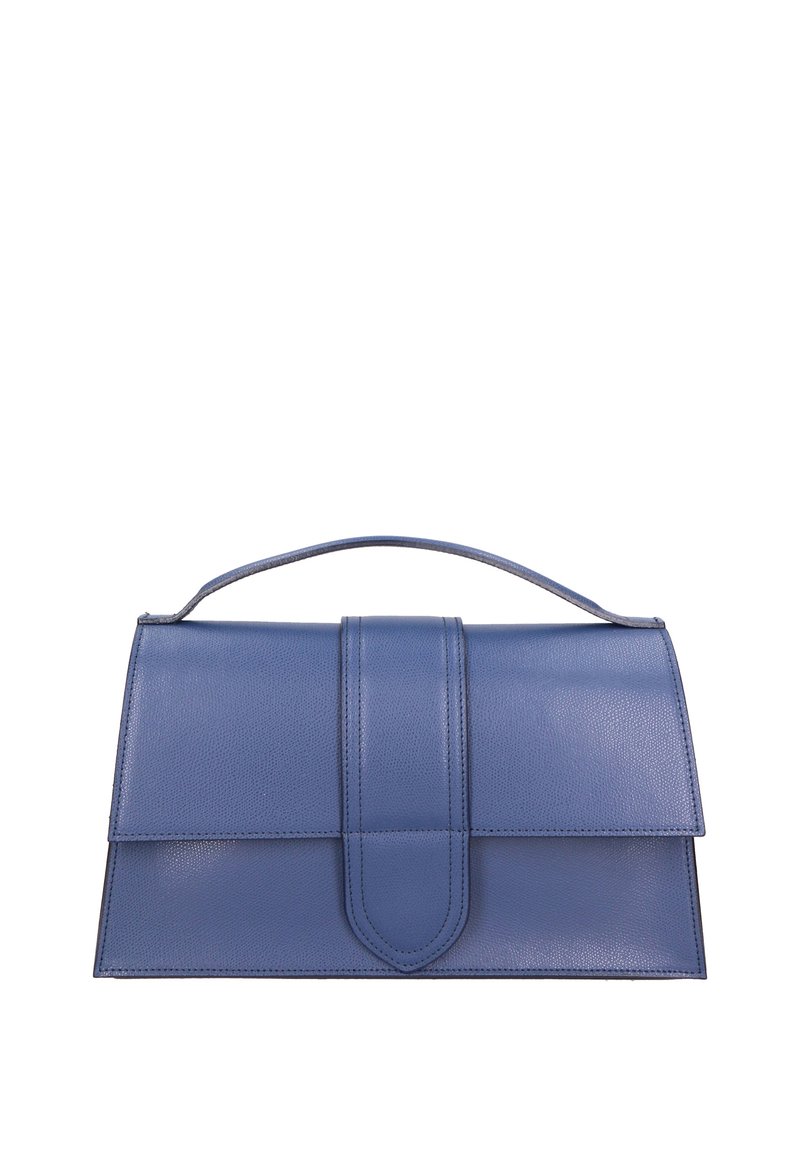Borsa in pelle blu con forma strutturata, manico superiore e chiusura piatta. Presenta una superficie liscia e linee pulite, offrendo un design minimalista.
