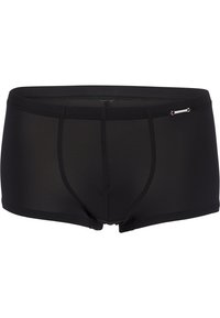 Black boxer shorts made of patterned fabric with a soft texture and a snug fit. Features a small metallic accent on the side.