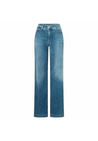 Jeans larghi di colore azzurro in denim, con vita alta, design classico a cinque tasche e lievi sbiadimenti sulle cosce.