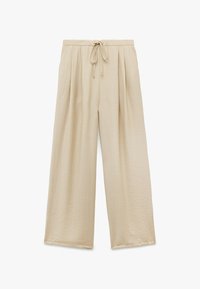 Beige, vidde bukser med et struktureret stof, der har en elastisk talje med snøre og frontfolder. Ingen lommer eller yderligere hardware.
