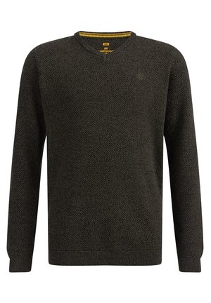 Ciemnoszary, teksturowany sweter typu crewneck z dzianiny, z długimi rękawami oraz ściągaczami na mankietach i dolnym brzegu.