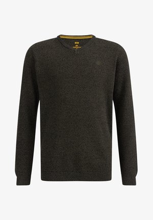 Maglione girocollo in maglia grigia scura con trama, maniche lunghe e polsini e orlo a costine.