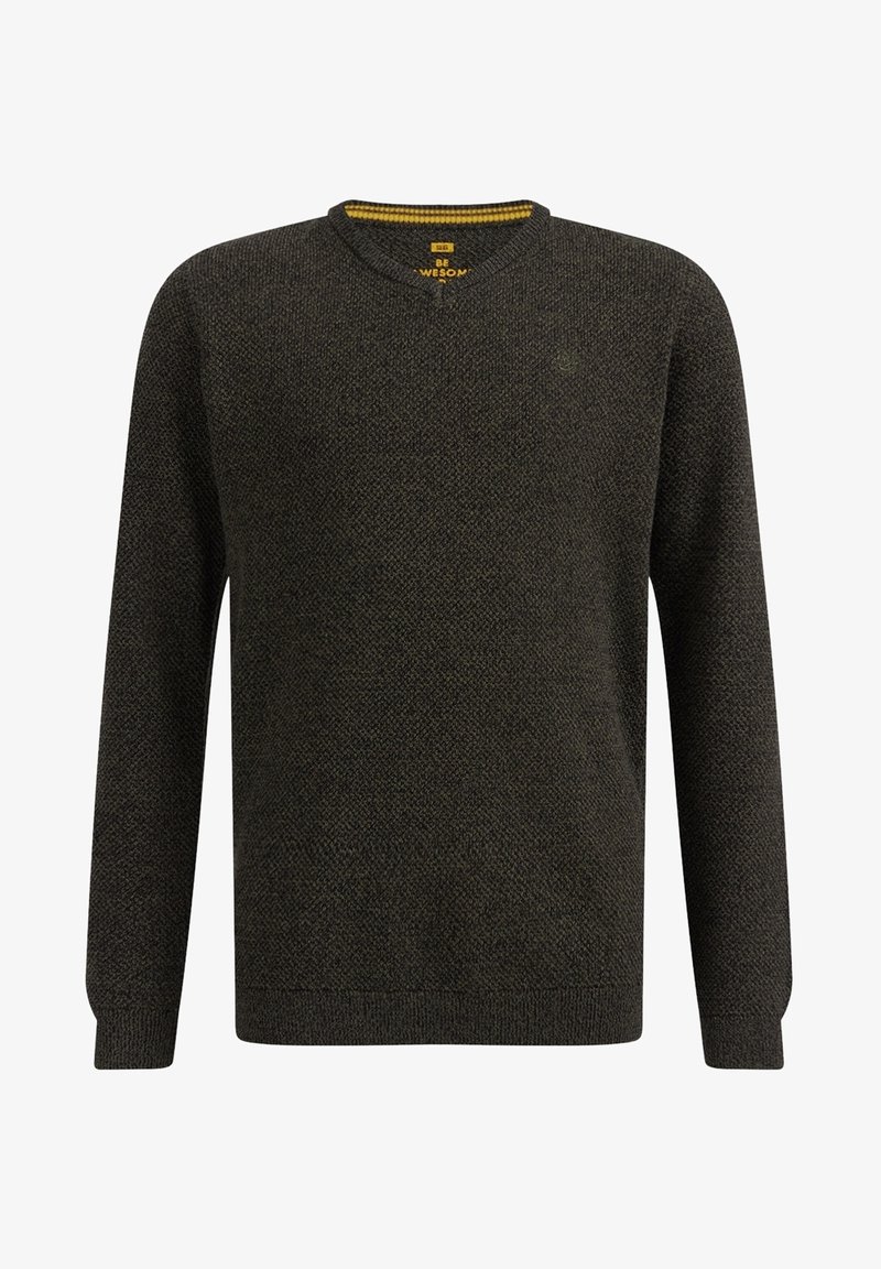 Pull à col rond en maille texturée gris foncé avec manches longues et poignets et ourlet côtelés.