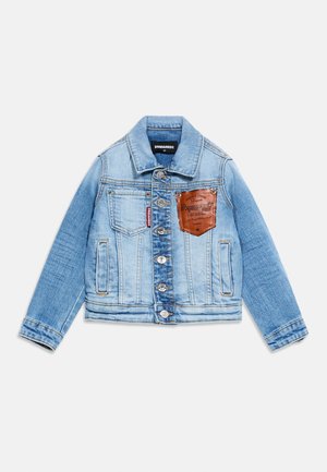 Light blue denim jacket for children with button closure, front pockets, and a brown leather patch on the chest.