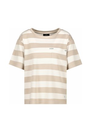 Gestreiftes T-Shirt in Beige und Weiß, kurzärmlig, mit Rundhalsausschnitt, einer kleinen Brusttasche und dezenten Zierelementen.