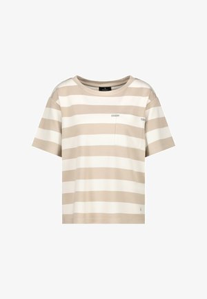 Gestreiftes T-Shirt in Beige und Weiß, kurzärmlig, mit Rundhalsausschnitt, einer kleinen Brusttasche und dezenten Zierelementen.