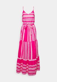 Robe maxi rose avec des motifs géométriques blancs ; dispose de bretelles ajustables, d'un corsage ajusté et d'une ceinture à nouer à la taille. Tissu doux et fluide.