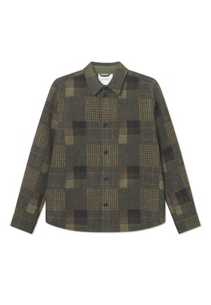 Button-up shirt in patterned green and brown wool, featuring a plaid design with varying block shapes and textures, long sleeves, and a collar.
