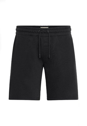Black shorts made of soft fabric, featuring an elastic waistband with a drawstring, and straight leg design.