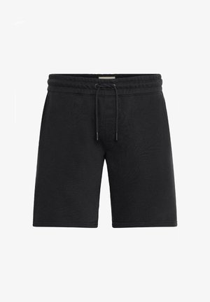 Black shorts made of soft fabric, featuring an elastic waistband with a drawstring, and straight leg design.
