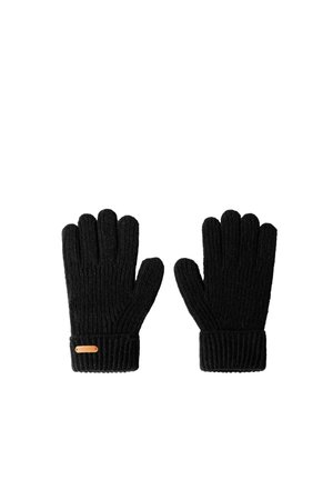 Stel zwarte gebreide handschoenen met geribde manchetten en een klein bruin label op de manchet van de linker handschoen, weergegeven op een witte achtergrond.