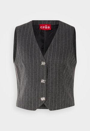 Sleeveless gray vest with vertical white pinstripes, featuring a V-neckline and three silver buttons. Inside is black fabric.