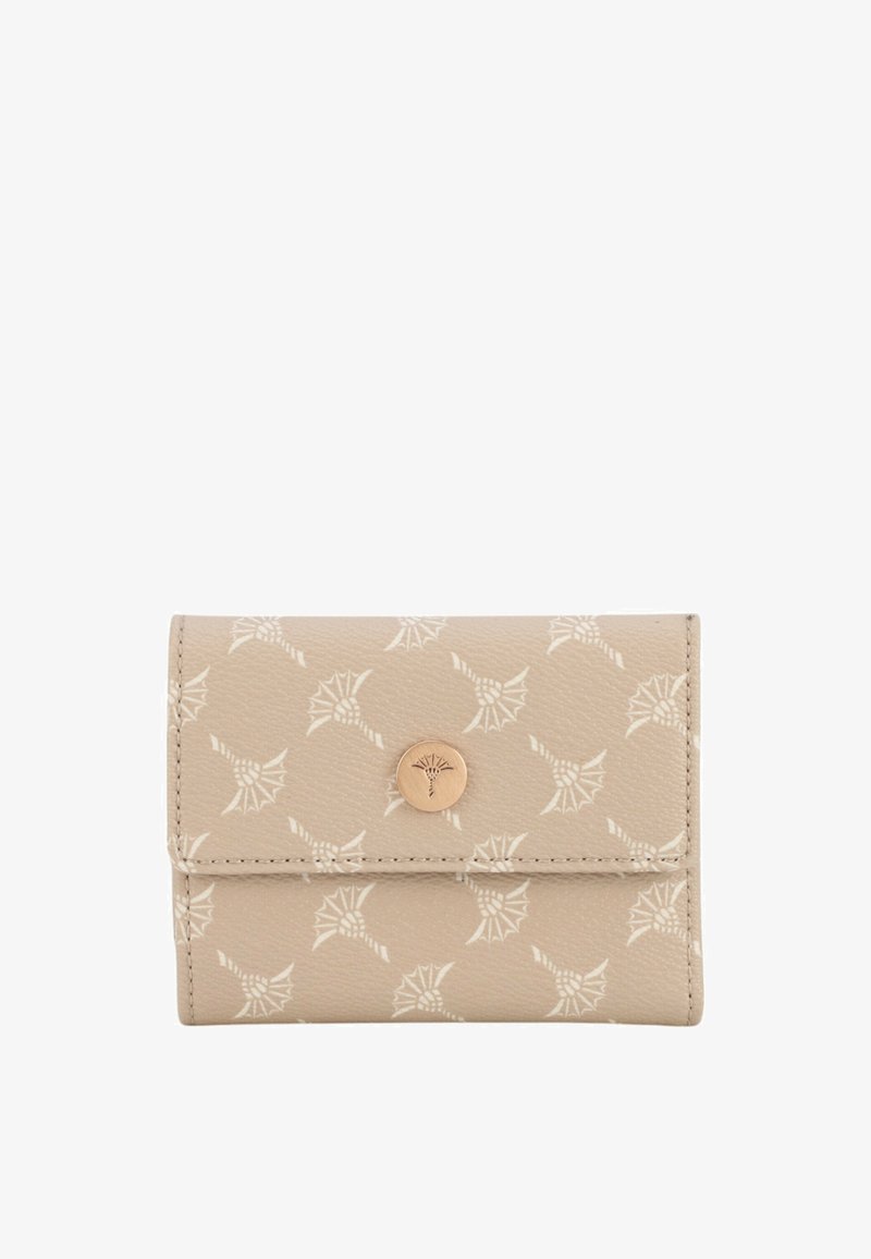 Bežna denarnica iz teksturirane usnjene tkanine z belim vzorcem listov. Ima zlat toniran metaličen gumb za zapiranje in kompaktno pravokotno obliko.
