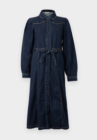 Tumši zili džinsu kleita ar apkakles izgriezumu, priekšējām pogām, garām puff piedurknēm un sasietu jostas lentu. Iezīmē šuvju detaļas.
