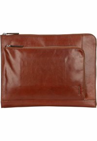 Brown leather laptop sleeve with a smooth texture, featuring two zippered pockets and subtle branding on the bottom right corner.