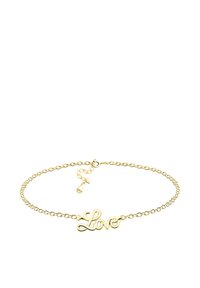 Guld kedjebr bracelet med inskriptionen "Love" i kursiv stil, med en hummerlås och justerbar kedjelängd för passform.