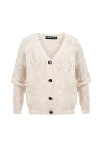 Cardigan en tricot de couleur crème avec col en V, quatre gros boutons foncés, manches longues et motifs texturés subtils.
